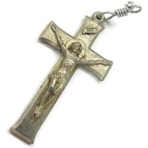 Silver Tone Crucifix Cross Charm Pendant Patina Vintage